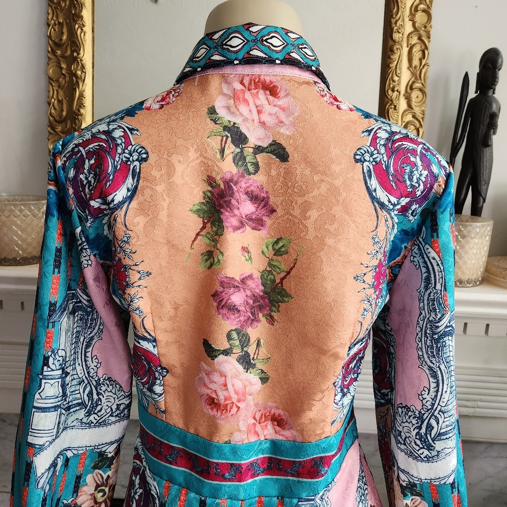 Dalia MacPhee Green Pink Floral Dress Size M Jacquard Bohemian Retro Patchwork - Picture 9 of 10